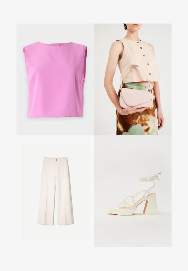 Růžový bezramínkový top s kulatým výstřihem, hladkým povrchem a zapínáním na knoflík na zadní straně. Design je volný a oversized.; Krémové široké kalhoty s tailored designem, které mají dvě přední kapsy a jedno zapínání na knoflík vpředu, vyrobené z hladkého materiálu.; Bílé sandály na vysokém podpatku s robustním podpatkem, s designem s pásky a zavazováním kolem kotníku. Hladký povrch s platformou vpředu pro zvýšení výšky.; Růžová kožená kabelka s zakřiveným klopou, jedním ramenním popruhem a čistými liniemi. Taška má hladkou texturu a minimalistický design.