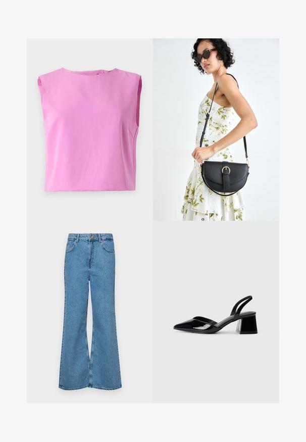 Rozā bez piedurknēm augšdaļa ar apaļu kakla izgriezumu, gludu tekstūru un pogu aizdari aizmugurē. Dizains ir kvadrātveida un brīvi pieguļoša forma.; Gaiši zili, platā piegriezuma džinsi, kas izgatavoti no denima, ar augstu jostasvietu, piecām kabatām un vienu pogu. Mīksta tekstūra ar nolietotu apdari.; Melna lakota āda ar atvērto papēdi, ar smailu purngalu un ģeometrisku blokpapēdi. Iezīmējas elegants, minimāls dizains un gluda tekstūra.; Melnas ādas rokassoma ar izliekta formu, noņemamu siksnu un zelta aksesuāriem. Somai ir vāciņš ar sprādzes detaļu.