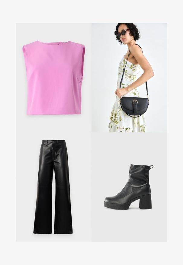 Top roz fără mâneci, cu decolteu rotund, textură netedă și închidere cu buton la spate. Designul este relaxed și are o croială boxy.; Pantaloni negri cu talie înaltă, largi, din piele sintetică, cu nasture frontal, închidere cu fermoar, bucle pentru centură și buzunare laterale pe fundal alb.; Bocanci negri de glezna din piele netedă, cu fermoar lateral, toc texturat și masiv, și design cu vârf rotund.; Geantă din piele neagră, cu o formă curbată, curea detașabilă și accesorii aurii. Geanta are un capac cu un detaliu tip cataramă.