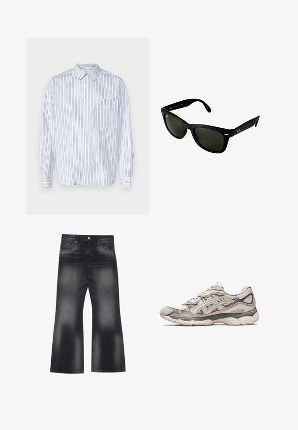 Camisa blanca de botones con rayas verticales en navy, de manga larga, con un bolsillo en el pecho y un cuello clásico. Tela suave con un corte relajado.; Vaqueros acampanados de mezclilla negra con un lavado desvanecido, cinco bolsillos y costuras en contraste, presentando una abertura de pierna ligeramente ancha.; Zapatilla deportiva gris claro con parte superior de malla y ante. Presenta una suela acolchada, superposiciones pronunciadas y un diseño estructurado.; Gafas de sol de plástico negro con lentes de color verde oscuro. El diseño de la montura cuadrada presenta acentos plateados y un logotipo embellecido en la patilla.