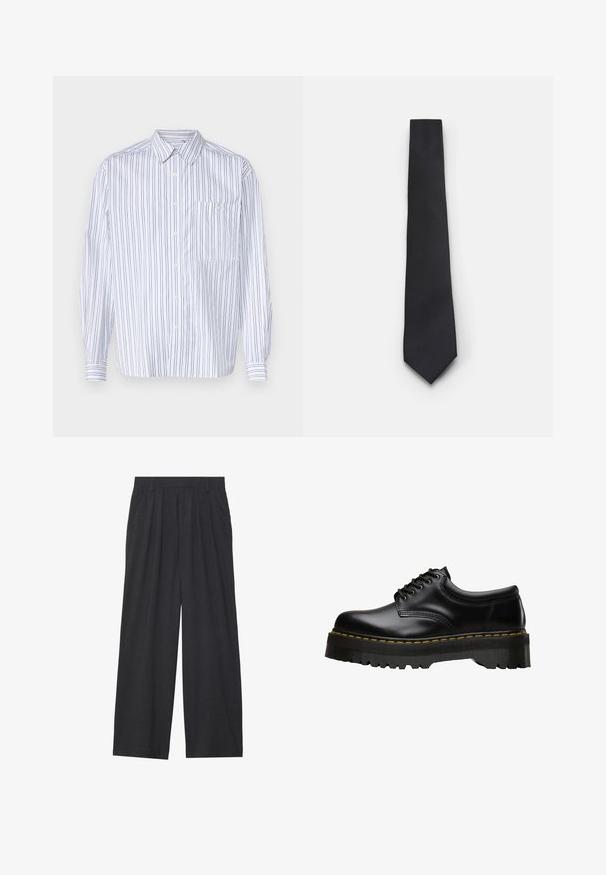 Balta marškinių su ilgomis rankovėmis, vertikaliomis tamsiai mėlynomis juostelėmis, krūtinės kišenė ir klasikiniu apykaklė. Vyriškas audinys su laisvu siluetu.; Tamsiai pilkos spalvos plačios kojos kelnės. Su klostėmis ties juosmeniu, pritaikyta konstrukcija ir tiesi siluetas.; Juodas odinis batų modelis su aštriu juodu guminio pado kraštu ir geltonomis siūlėmis aplink kraštą, pasižymintis lygiu apdaila.; Siaurukas juodas kaklaraištis su tekstūruota, įstrižine briaunų struktūra. Turėdamas smailą galą ir lygų paviršių. Tinka oficialiam apsirengimui.