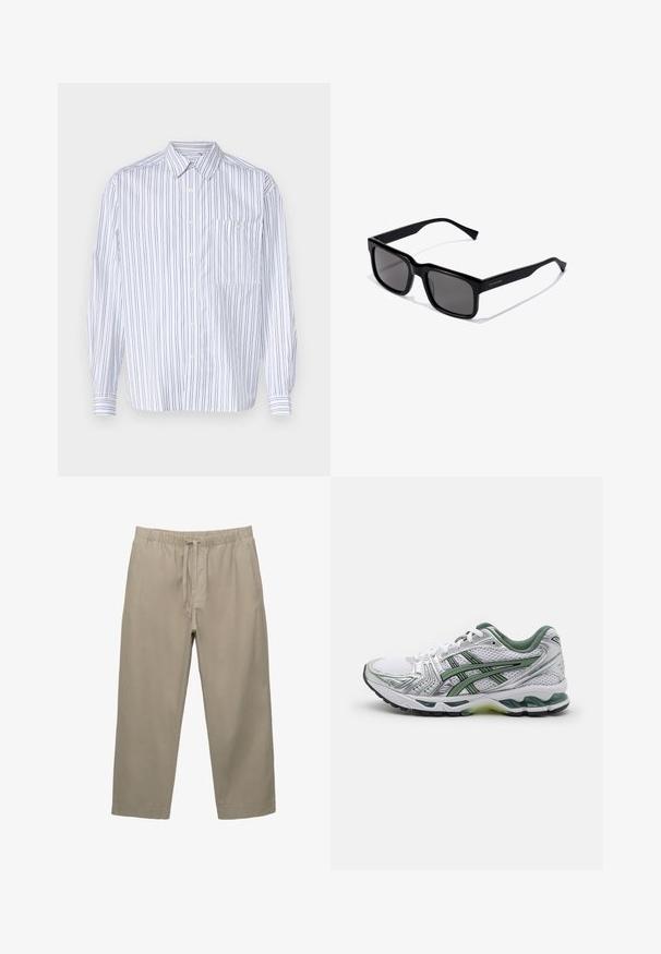 Bela srajca s gumbi in vertikalnimi mornarsko modrimi črtami, dolgi rokavi, žep na prsih in klasičen ovratnik. Gladko blago z udobnim krojem.; Bež bombažne hlače z elastičnim pasom in nastavljivo vrvico. Neposredna zasnova z stranskimi žepi in gladko teksturo.; Bele teniške za tek v beli barvi z srebrnimi detajli, zelenim mrežastim ovratnikom in zelenimi črtami. Imajo teksturirano mrežasto zgornji del in oblazinjeno podplat.; Črne pravokotne sončne očala s temnimi lečami; lesketajoč plastičen okvir s ravnimi nosilci in subtilnim logotipom na strani.; Srebrna ura iz nerjavečega jekla z okroglo belo številčnico, črnim taksimetrskim obročem, zelenimi poudarki in paščkom iz kovinskih povezav.