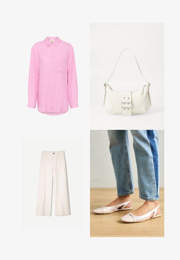 Világos rózsaszín gombos ing, gallérral, hosszú ujjal, elülső zsebből és hímzett részletekkel a zseben. Puha szövet textúra.; Tejbézs széles lábú nadrág, szabott kialakítással, két elülső zsebbel és egyetlen elülső gombos záródással, sima anyagból készült.; Világos rózsaszín slingback laposlábú cipők, hegyes orral, sima bőrhatású anyagból készült. Oldalt kivágott részletek találhatók rajta, valamint lapos sarkú.; Fehér válltáska texturált felülettel, középen csattogó részlettel és íves formával. Cipzáras záródás mindkét oldalon.