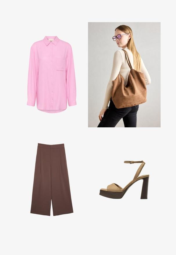 Ljust rosa skjorta med krage, långärmad, en bröstficka och broderad detalj på fickan. Mjuk tygtextur.; Bruna vida byxor med en slät textur, som har hög midja och framfickor. Tyget är lätt och flödar löst.; Beiga suède högklackade sandaler med ett brett framrem och ankelsrem, med en kraftig träblockklack med en strukturerad yta.; Brun mocka toteväska med mjuk textur, stor öppning och långa axelremmar. Har en enkel design med synliga sömmar och ingen hårdvara.
