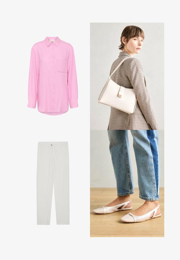 Gaiši rozā pogājamā krekla ar apkakli, garām piedurknēm, priekšējo kabatu un izšuvumiem uz kabatas. Mīksta auduma tekstūra.; Baltas, pielāgots bikses ar taisnu kāju dizainu, ar pogu aizdari, jostu cilpām un sānu kabatām; gluda auduma tekstūra.; Bālti rozā siksniņu dzīvokļi ar smailu purngalu, izgatavoti no gludas ādas līdzīgās materiāla. Iezīmē izgriezumu detaļas sānos un platu papēdi.; Balta ādas rokassoma ar strukturētu dizainu, kurai ir magnētiska aizdare un plecu josta, parādīta uz neitrāla fona.