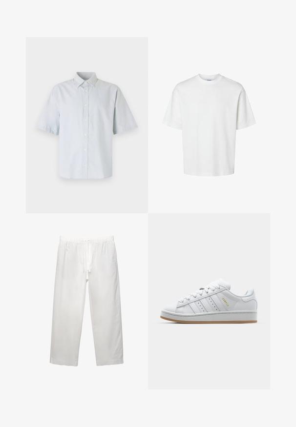 Lyseblå kortærmet skjorte med knaplukning, lavet af bomuld, med klassisk krave, frontlåg med knapper og en afslappet pasform.; Hvid bomulds T-shirt med korte ærmer, rund halsudskæring og en afslappet pasform. Glat tekstur uden synlige mønstre eller detaljer.; Hvide linnedbukser med elastisk talje med snøre, bred ben-design og rene sømme. Glat tekstur med afslappet pasform.; Hvide sneakers med perforeret tre-stribe-design, teksturerede detaljer, en gummisål og "CAMPUS" logo i guld på siden.