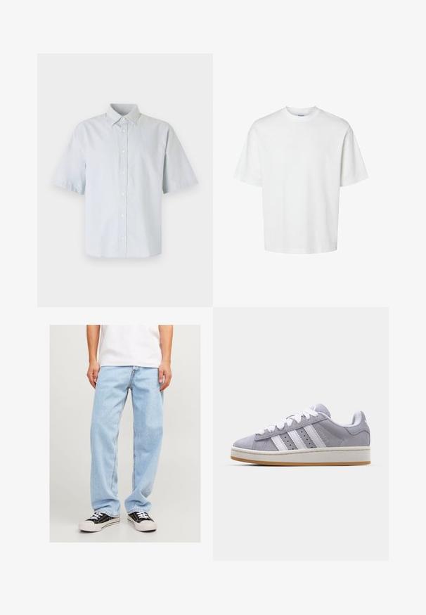 Lyseblå kortærmet skjorte med knaplukning, lavet af bomuld, med klassisk krave, frontlåg med knapper og en afslappet pasform.; Hvid bomulds T-shirt med korte ærmer, rund halsudskæring og en afslappet pasform. Glat tekstur uden synlige mønstre eller detaljer.; Lyseblå denimjeans med en afslappet pasform, der har et lige ben-design og standard syning, kombineret med sorte sneakers.; Grå ruskindssko med hvide striber, rund tå og gummisål. Har perforeringer på siden og en struktureret hælflap.