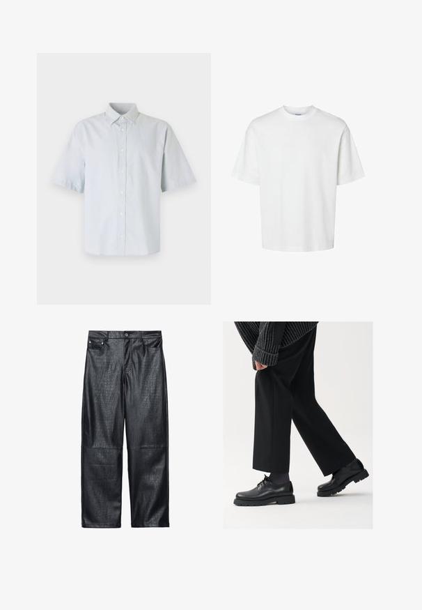 Lyseblå kortærmet skjorte med knaplukning, lavet af bomuld, med klassisk krave, frontlåg med knapper og en afslappet pasform.; Hvid bomulds T-shirt med korte ærmer, rund halsudskæring og en afslappet pasform. Glat tekstur uden synlige mønstre eller detaljer.; Sorte faux læder bukser med bred ben, der har en krokodilletekstil, traditionel fem-lomme design samt detaljer i sølvfarvet knap og nitter.; Sorte lædersko med rund tå, snørebåndsdesign og tyk, tekstureret sål. Båret sammen med skræddersyede sorte bukser og en ribbet sweater.