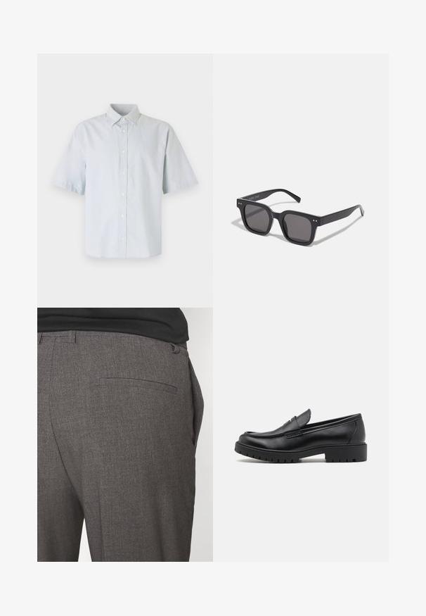 Vaaleansininen lyhythihainen napitettava paita, valmistettu puuvillasta, jossa on klassinen kaulus, etupaneeli nappeineen ja rento istuvuus.; Mustat ja valkoiset crew-neck t-paidat, lyhyet hihat, valmistettu puuvillakankaasta, sileä pinta, jossa brändäys kaula-aukossa.; Harmaat räätälöidyt housut, joissa on sileä pinta, yhden takataskun ja slim fit -muotoilu. Kankaassa on hienovarainen kuvio.; Mustat nahkakengät, joissa on pyöreä varvas, kenkien helposti liukuvat mallit ja paksu kumipohja, jossa on teksturoitu pito. Korotettu kanta ja hillityt ompeluyksityiskohdat.; Mustat suorakulmaiset aurinkolasit tummilla linsseillä, joissa on paksu kehys, hienovaraiset yksityiskohdat sivuilla, eikä näkyviä logoja brändin nimen lisäksi.; Beige-kangas kantokassi kahdella kahvalla, jossa on suuri tumman ruskea logo-teksti "THE NORTH FACE" ja puolisuuntainen suunnittelu.