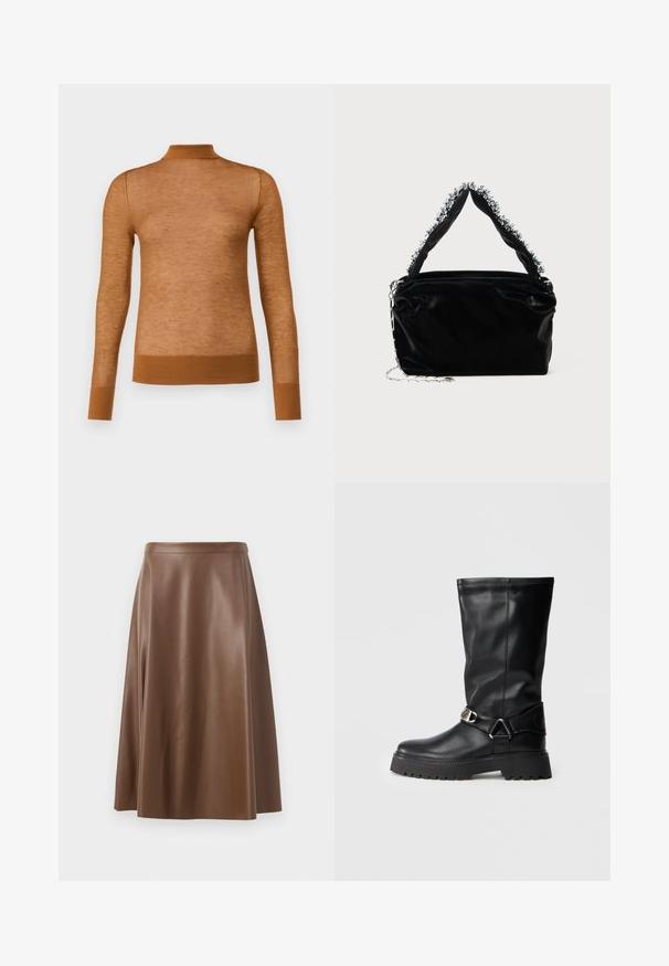 Brown long-sleeve top made of lightweight material with a high collar and ribbed cuffs. The texture appears smooth and slightly sheer.; Brown leather A-line skirt with a smooth texture and a mid-length hem. Features a fitted waistband and a slight flare from the hips.; Black knee-high boots made of smooth leather, featuring a buckle accent on the side and a thick, textured sole for grip.; Black faux leather handbag with a textured finish, featuring a beaded silver accent along the top handle and a chain strap.