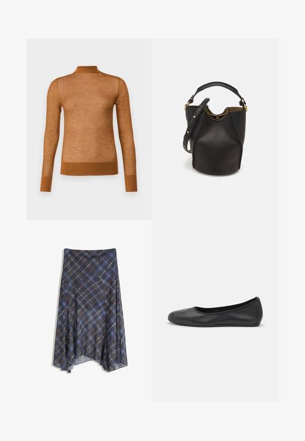 Ruskea pitkähihainen paita, joka on valmistettu kevyestä materiaalista, korkealla kauluksella ja ribattuilla hihansuilla. Pintakuvio näyttää sileältä ja hieman läpikuultavalta.; Mustahuivi hame, jossa on sinisiä ja ruskeita viivoja, virtaava muotoilu, keskipituinen, valmistettu kevyestä kankaasta, jolla on sileä texuuri.; Musta nahkainen ballerina, jossa on pyöristetty kärki, sileä pinta, minimaalinen ommelkoristelu ja joustava pohjamuotoilu.; Mustan nahka-buckettikassi, jossa on teksturoitu pinta, kultaiset metalliosat ja avoin yläosa. Ominaisuuksiin kuuluu lyhyt kahva ja säädettävä olkahihna.