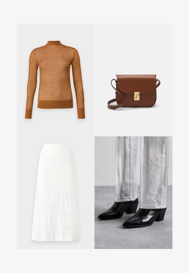 Braunes langärmliges Oberteil aus leichtem Material mit hohem Kragen und gerippten Bündchen. Die Textur wirkt glatt und leicht transparent.; Langärmliges weißes T-Shirt aus geripptem Baumwollstoff, mit rundem Ausschnitt und geradem Saum. Einfaches Design ohne Muster oder Akzente.; Gestreifte weiße Midi-Rock aus Strick mit einem strukturierten Muster und Ausschnitten am Saum. Elastischer Bund. Weiches Material.; Schwarze Leder-Stiefeletten mit spitzem Zehenbereich und Blockabsatz, kombiniert mit glänzenden silbernen Hosen, die elegante Texturen und kontrastierende Farben zur Geltung bringen.; Braune Ledertasche mit Klappenverschluss, Beschlägen in Goldfarbe, einem Schultergurt und einer glatten Oberfläche. Kompakte rechteckige Form.