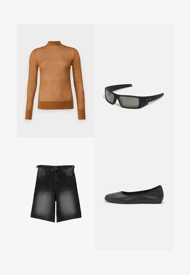 Braunes langärmliges Oberteil aus leichtem Material mit hohem Kragen und gerippten Bündchen. Die Textur wirkt glatt und leicht transparent.; Schwarze Denim-Shorts mit ausgebleichtem Finish, fünf Taschen, einem Knopfverschluss und Gürtelschlaufen. Der Stoff hat eine glatte Textur.; Schwarze Leder-Ballettschuhe mit abgerundeter Spitze, glatter Textur, minimalen Nähdetails und einem flexiblen Sohlen-Design.; Schwarze Sonnenbrille mit matter Oberfläche, rechteckigen Gläsern, leichtem Bogen an den Schläfen, dezentem Logo-Detail und rauchgetönten Gläsern.