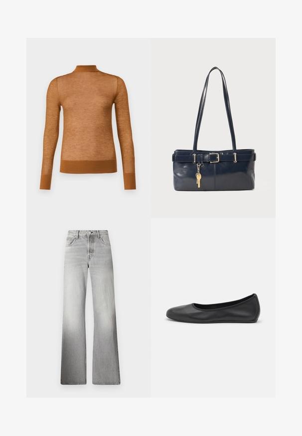 Brown long-sleeve top made of lightweight material with a high collar and ribbed cuffs. The texture appears smooth and slightly sheer.; Gray denim wide-leg jeans featuring a high waist, faded texture, five pockets, and a zip fly with button closure.; Black leather ballet flat with a rounded toe, smooth texture, minimal stitching detail, and a flexible sole design.; Navy leather handbag with two long handles, a buckle detail, and a keychain attached. Features a smooth texture and a rectangular shape.