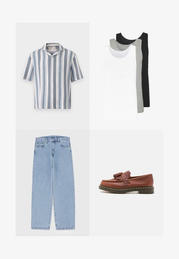 Kratek rokav, srajca z gumbi, ki prikazuje modro-bele vertikalne črte, ovratnik s poševnim robom ter teksturirano tkanino z lahkotno zasnovo.; Tri majice brez rokavov v bežni, sivi in črni barvi. Vsaka je značilna po klasičnem brezrokavem dizajnu, izdelana iz lahkega bombažnega materiala z rebrasto teksturo.; Svijetloplave traperice s ravnim nogavicama, srednjeg struka, pet džepova te zatvaranjem na gumb i munju.; Rjavi usnjeni mokasin s dodatki v obliki resic, teksturirana površina in kontrastne rumene šive ob črnem gumenem podplatu. Stranska perspektiva.