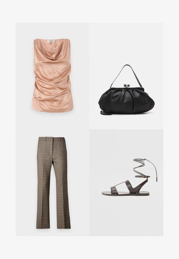 Majica brez rokavov s kapuco v mehkem, rožnato-satenskem materialu z nabranimi podrobnostmi ob straneh in ravnim robom. Ima zadrgo na hrbtni strani.; Brašnaste karirane hlače ravnega kroja, izdelane iz teksturirane tkanine s subtilnimi odtenki bež in temnejših rjavih odtenkov znotraj vzorca.; Rjave usnjene sandale s ravnim podplatom, ki imajo minimalističen dizajn, ukrivljen trak za gleženj in več odprtin za zračnost.; Črna usnjena torbica za roke z zaobljeno, naborkano zasnovo. Opremljena je z metalnim zapiralom z dvema dekorativnima kroglicama in tankim, odstranljivim trakom.