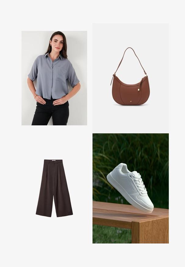 Graues, kurzärmliges Hemd mit Knöpfen und Kragen, einer einzelnen Brusttasche und lockerer Passform. Der Stoff wirkt glatt und leicht.; Schwarze, weit geschnittene Hose mit hoher Taille, ausgestattet mit vorderen Falten und einem Knopfverschluss an der Taille, aus glattem Stoff gefertigt.; Weiße Sneaker mit einem glatten, synthetischen Obermaterial, perforierter Zehenbox, flachen Schnürsenkeln und einer strukturierten Sohle, präsentiert auf einer Holzoberfläche.; Braune Kunstleder-Schultertasche mit geschwungener Form, minimaler Naht und goldfarbener Hardware-Akzent. Verfügt über einen oberen Reißverschluss und einen verstellbaren Trageriemen.