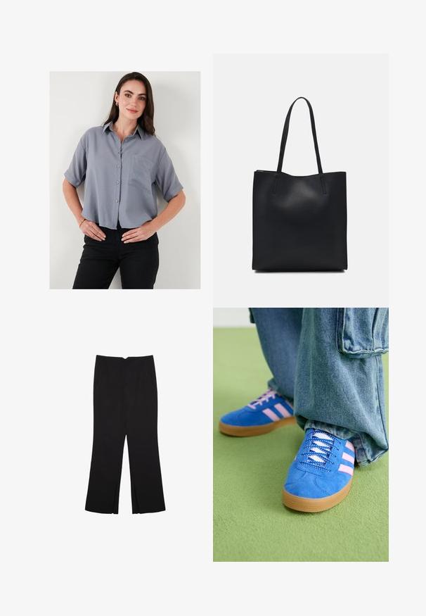 Siva košulja kratkih rukava s gumbima i ovratnikom, s jednim džepom na prsima i opuštenim krojem. Tkanina izgleda glatko i lagano.; Crne hlače ravnog kroja, s prednjim džepovima i bočnim prorezima na rubu. Izrađene od mekog i glatkog materijala. Pogodne za razne prigode.; Plave zamšne cipele s ružičastim prugama i bijelim vezicama, s gumenim potplatom, u kombinaciji s širokim trapericama na zelenoj podlozi.; Crna kožna torba za nošenje s glatkom teksturom, pravokutnim oblikom i dvije duge ručke. Nema vidljivih metalnih dijelova ili ukrasa.