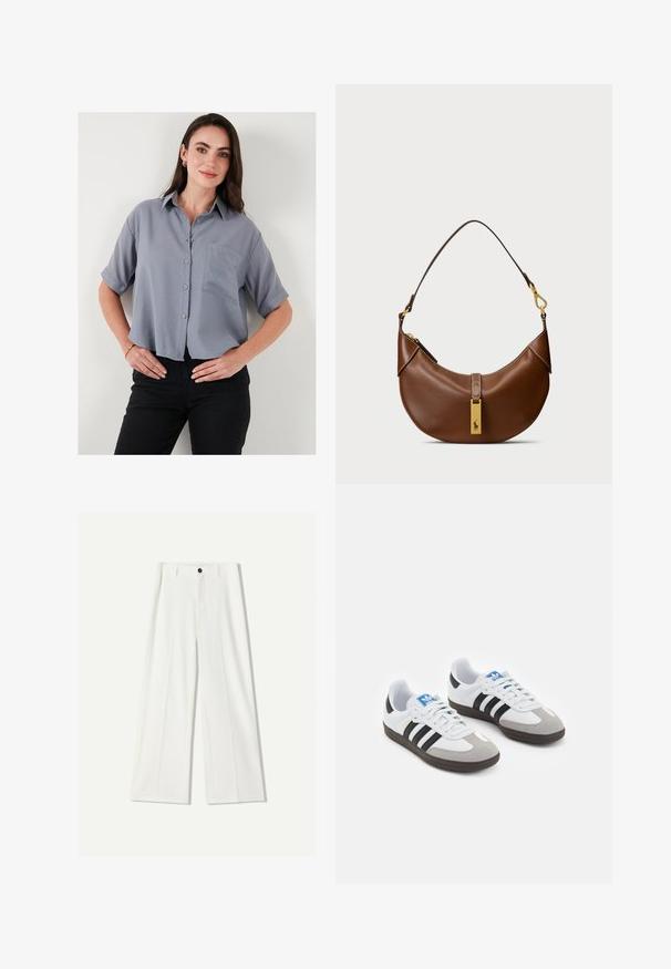 Szürke, rövid ujjú, gombos ing gallérral, egyetlen mellzsebbel és laza szabással. Az anyag simának és könnyűnek tűnik.; Fehér, bő szárú nadrág sima anyagból, elöl gombos záródással és pliszírozott részletekkel. Lapos elülső megjelenés, látható zsebek nélkül.; Fehér bőr felsőrészes sportcipő, szürke velúrból készült orral és három fekete csíkkal. Jellemzője a kék logó a nyelvén és egy texturált gumitalp.; Barna bőr válltáska ívelt formával, arany kiegészítőkkel, felső zár részlettel és logóval díszítve. Simább textúra és varrott szélek.