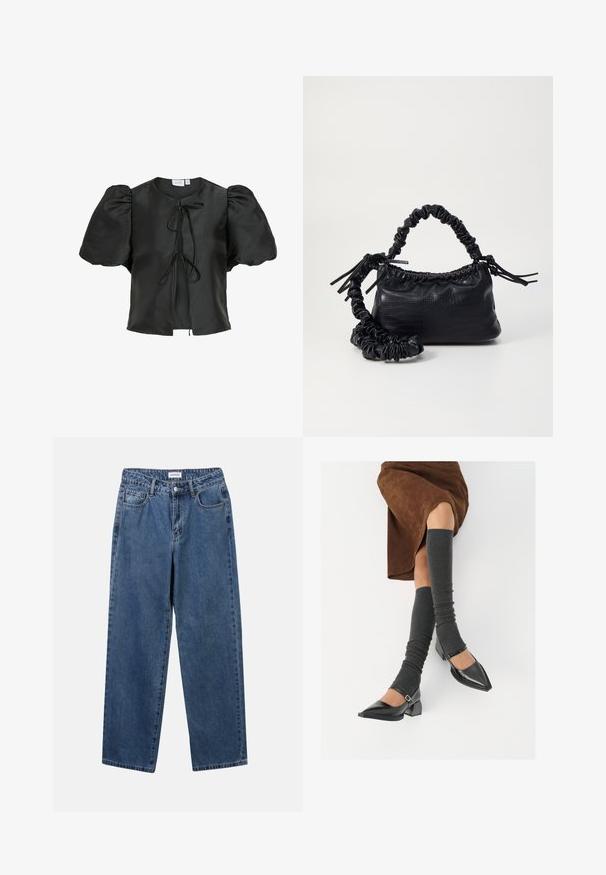 Must mustjakk musta satiinist, puhvade lühikeste varrukatega, ümmarguse kaelusega ja ees seotud kinnitusega. Sile tekstuur ja lõdva lõikega.; Klassikalised sinised denimists teksad otsejalaga disainiga, viie taskuga ja nööbisuletusega. Omab keskmist pesu ja tugevat tekstuuri.; Mustad patsaline odav värviga kingad, millel on kreen ja pahkluuring, on paaritatud hallide ribakudumitega sääremiidega ja pruunist nahast seelikuga.; Must must sünteetilisest nahast käekott, millel on krokodillimuster, kokku tõmmatav ülaosa ja kortsus rihm. Tundub pehme ja kompaktne disain.