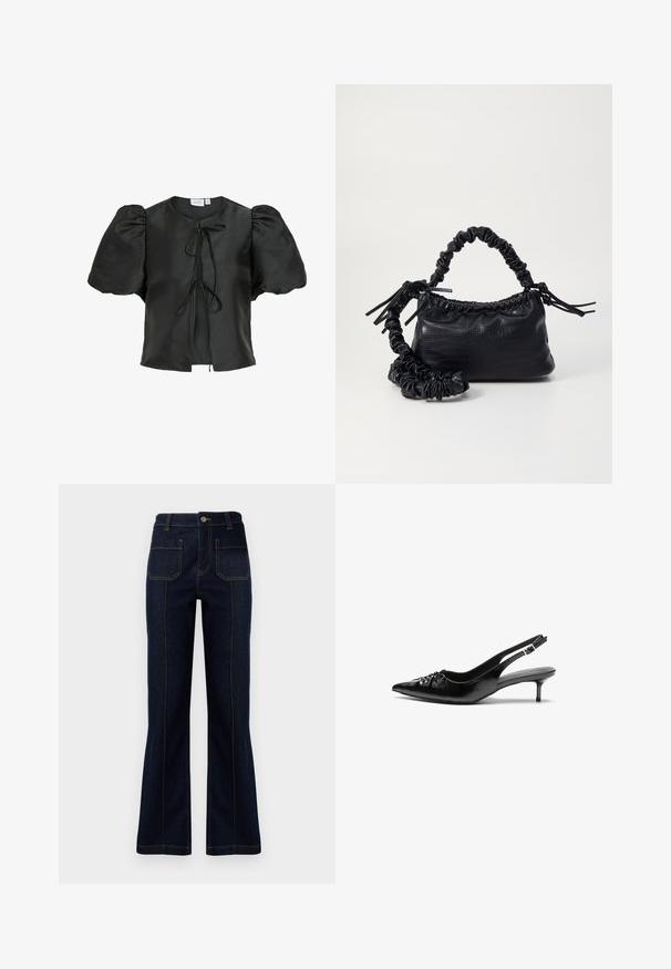 Črna satenasta bluzica s pihastimi kratkimi rukavi, okroglo izrezom in prednjim vezanjem. Gladka tekstura in sproščen kroj.; Temno modri razširjeni džinsi iz denima, z visokim pasom, dvema zadnjima žepoma in vidnimi šivi vzdolž šivov.; Črne usnjene slingback pete z izostrenim nosom, majhno mačje peto in okrasno vozličasto podrobnostjo na sprednjem delu. Gladka tekstura po celotni površini.; Črna torbica iz umetnega usnja s krokodilovo teksturo, z zvitim vrhom in zmečkano naramico. Zdi se mehka in kompaktna v oblikovanju.