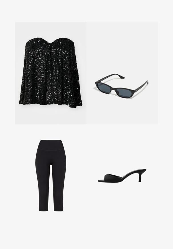 Top nero senza spalline decorato con paillettes, caratterizzato da un taglio morbido e una texture di tessuto liscia, con dettagli riflettenti lucidi in tutto il capo.; Leggings neri a tre quarti realizzati in tessuto elasticizzato, con una vita alta e senza motivi o hardware visibili.; Mule nere con tacco alto, dotate di una punta larga e aperta e di una parte superiore curva. Realizzate in tessuto texture, presentano un tacco sottile e una suola liscia.; Occhiali da sole cat-eye neri con lenti scure, montatura in plastica, stanghette sottili e una leggera marca sulla parte interna del braccio. Finitura opaca.