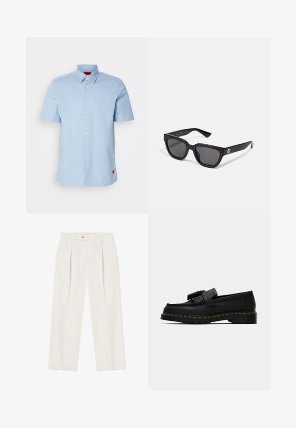 Hele sinine lühikeste varrukatega särk, millel on nööpidega krae, esitades esiosa nööbirea ning punase logo aktsendi vasakul alumisel küljel.; Valged laiad püksid, millel on ees voldid, üks nööp kinnitamiseks ja küljetaskud. Sile tekstuur ja talje disain.; Mustad musta nahast suss, millel on tuttide detailid, kollane lõng üle põhja ning paks ja sooneline kummist välispõhi.; Mustad musta värvi ristkülikukujulised prillid, millel on läikiv viimistlus, tumedad läätsed ja kuldsed aksessuaarid templil, millel on logo.