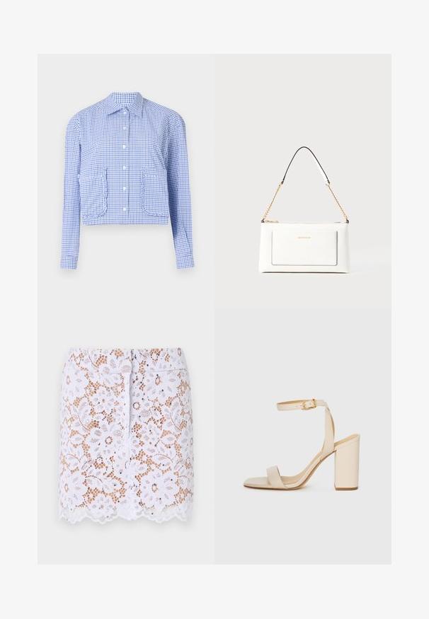Camicia a quadri blu e bianca, taglio cropped, maniche lunghe, apertura con bottoni, tasche con ruches, colletto strutturato, tessuto di cotone morbido.; Gonna bianca in pizzo con motivo floreale, orlo scallop e decorazioni discrete. Caratterizzata da un design aderente e chiusura con zip invisibile sul retro.; Sandal con tacco alto beige con punta quadrata, sottile cinturino alla caviglia e tacco a blocco. Texture di pelle liscia con dettaglio della fibbia dorata.; Borsa a tracolla bianca in pelle con un finish testurizzato, dotata di una tracolla in catena dorata e accenti neri. Include una tasca frontale e una chiusura con zip.