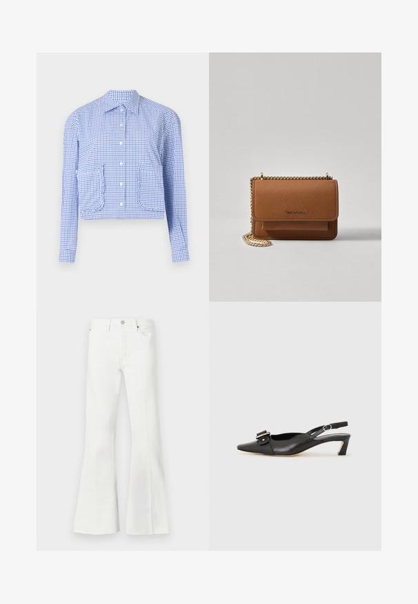 Cropped blue and white checkered shirt, long sleeves, button front, ruffle-accented pockets, structured collar, smooth cotton fabric.; White denim flared jeans with a high waist, featuring a button closure, two front pockets, and raw hem accents at the bottom.; Black leather slingback shoe with pointed toe, small heel, and decorative buckle detail on the upper. Smooth texture, minimalistic design.; Brown textured leather crossbody bag with gold chain strap and flap closure. Front features logo detail and a pocket under the flap.