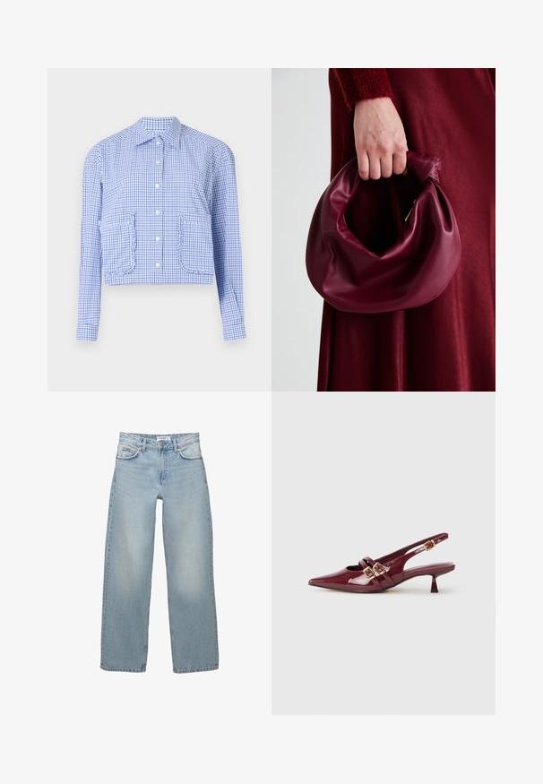 Gekürzte kariertes Hemd in Blau und Weiß, lange Ärmel, Knopfleiste, Taschen mit Rüschenakzenten, strukturierter Kragen, glattes Baumwollgewebe.; Helle blaue, weit geschnittene Jeans aus Denim. Verfügt über ein klassisches Fünf-Taschen-Design mit einem Knopf- und Reißverschluss.; Bordeauxfarbener Lackleder Slingback-Schuh mit einer spitzen Kappe, zwei flachen Riemen mit goldenen Schnallen und einem kleinen Absatz.; Burgunderleder-Handtasche mit einem weichen, gerafften Design und einer gerundeten Form. Der Griff ist gesichert und zeigt eine glatte Textur.