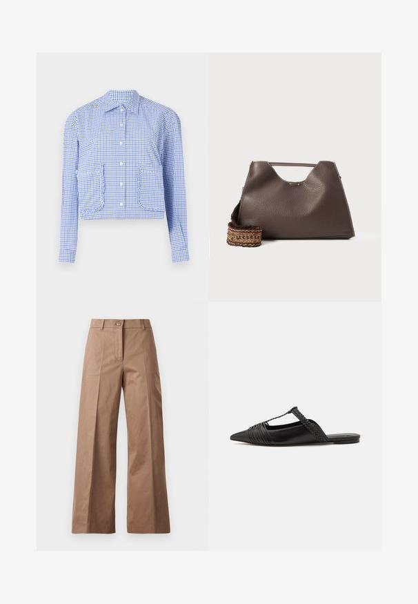 Kratka modra in bela črtasta srajca, dolgi rokavi, gumbna zapirala, žepki s hrbtnim nagubanim detajlom, strukturiran ovratnik, gladka bombažna tkanina.; Rjave široke hlače iz gladkega materiala, z zapiranjem spredaj na gumb, dvema sprednjima žepoma in čistimi, postavljenimi linijami.; Črne usnjene sandale s priponko, koničastim nosom in tkano dekoracijo ter gubanjem na zgornjem delu. Ravna podplata z minimalno opremo.; Rjava usnjena torba z teksturirano površino, angularno obliko in značilno zgornjo ročico. Vsebuje detajl z vzorčnim tkanim trakom.