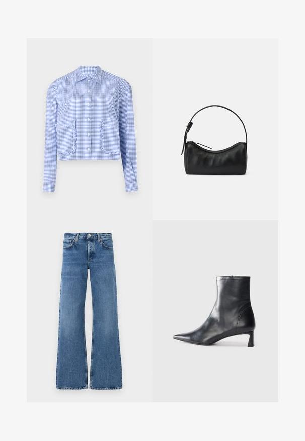 Camicia a quadri blu e bianca, taglio cropped, maniche lunghe, apertura con bottoni, tasche con ruches, colletto strutturato, tessuto di cotone morbido.; Jeans a gamba larga blu realizzati in denim con un lavaggio sbiadito, tasche frontali, chiusura con bottone e orli sfilacciati sulle gambe.; Stivaletto in pelle nera con punta affusolata e design elegante. Presenta un tacco basso e una chiusura con zip sul retro. Texture liscia.; Borsa a tracolla in pelle nera con un design curvo, chiusura a zip e una tracolla sottile. Presenta una texture liscia e dettagli di cucitura discreti.