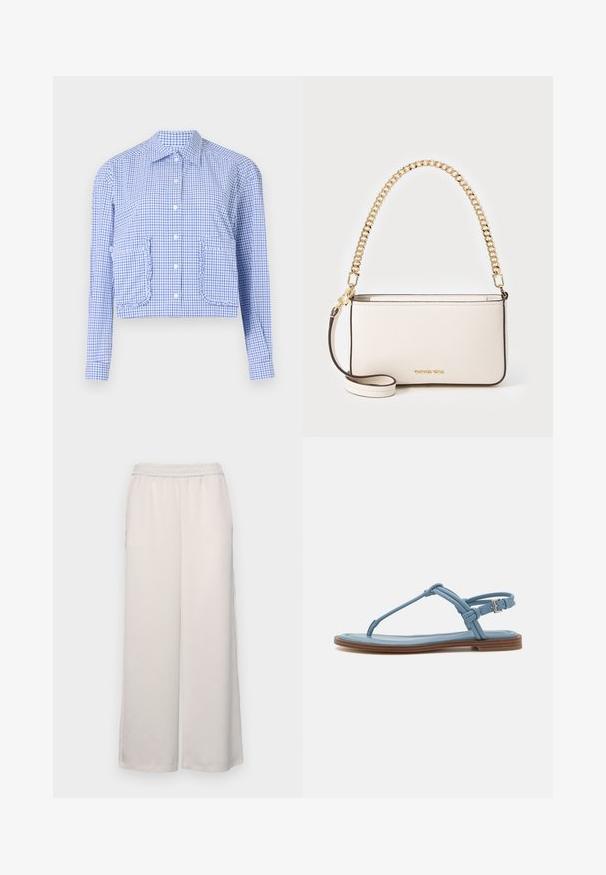 Rövidített kék és fehér kockás ing, hosszú ujjak, gombos előlapi rész, fodros zsebek, formázott gallér, sima pamut anyag.; Világos bézs, bő szárú nadrág rugalmas derékkal. Sima anyag, teljes hosszúságú, látható díszítések vagy minták nélkül.; Kék bőr pántos szandál lapos talppal, vékony pánt dizájnnal és csatos záródással a bokán a biztos illeszkedés érdekében.; Fehér bőr kézi táska, texturált felülettel, arany lánc pánttal és levehető vállpánttal. A logó a táska elején található.