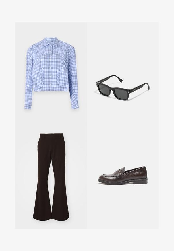 Cămașă scurtă în carouri alb-albastre, cu mâneci lungi, cu butoniere în față, buzunare cu volănaș, guler structurat, din bumbac neted.; Pantaloni maro evazați, confecționați dintr-un material neted, având un tiv cu bucle pentru curea, buzunare laterale și o deschidere largă a piciorului.; Mocasini din piele maro închis cu textură de crocodil, toc mic și detalii cusute în față pentru un design suplimentar.; Ochelari de soare negri cu un cadru dreptunghiular, finisaj mat, lentile închise la culoare și trei dungi orizontale pe fiecare bras. Design minimalist.