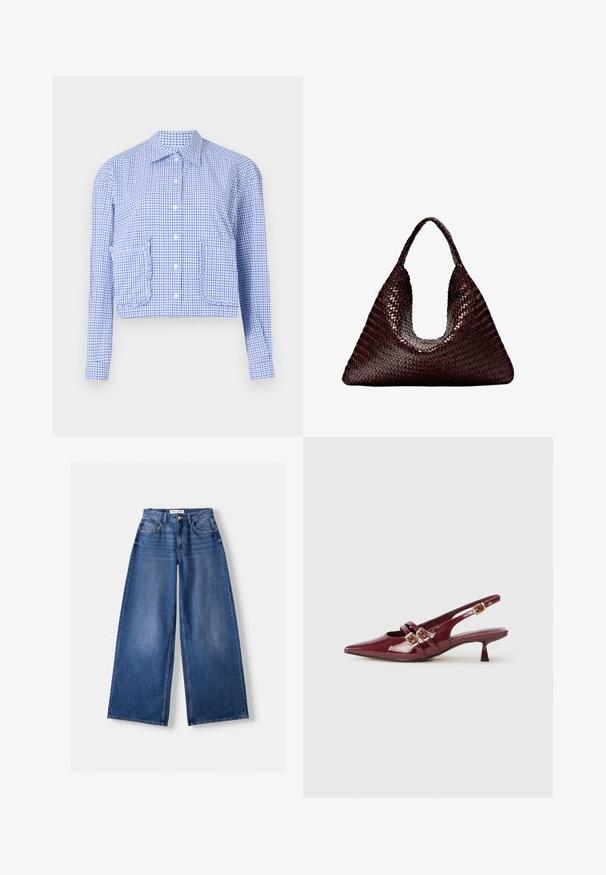 Geknipte blauw-wit geruite shirt, lange mouwen, knoopsluiting, met rimpeldetails bij de zakken, gestructureerde kraag, gladde katoenen stof.; Bershka WIDE-LEG - Wide leg - dark blue; Bordeaux lakleren slingback schoen met een spitse neus, twee platte banden met gouden gespen en een kleine hak.; Geweven handtas in donkerbruin, met een driehoekige vorm en een enkele brede handgreep. Effen textuur met een consistente gevlochten patroon.
