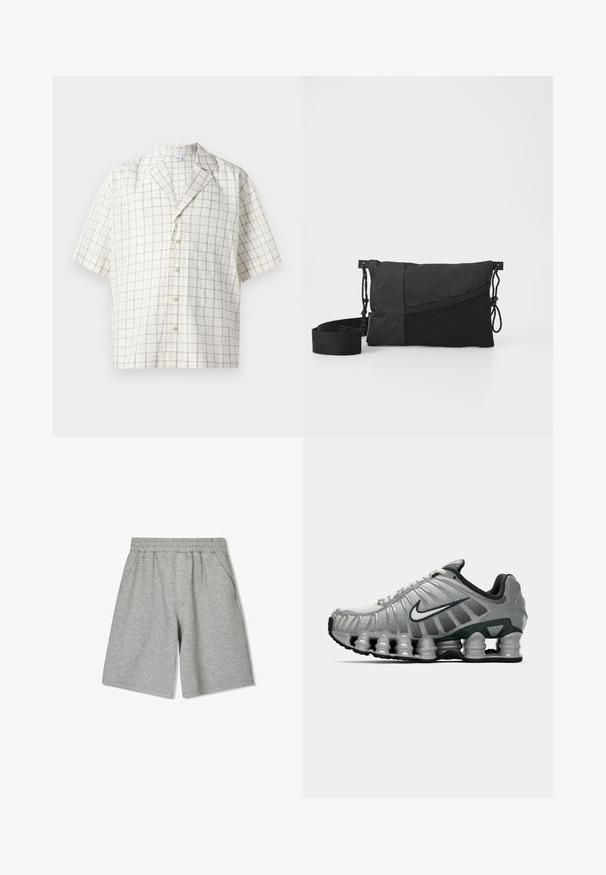 Lyhythihainen paita vaaleabeigeistä kankaasta, jossa on ruutukuviota. Varustettu lovellähaitarilla ja seitsemällä napilla.; Valkoinen puuvillainen hihaton paita, jossa on pyöreä kaula-aukko, leveät olkaimet ja suora helma. Paidan tekstuuri on sileä, eikä siinä ole näkyviä kuvioita.; Harmaat puuvillashortsit, joissa on joustava vyötärö. Sivutaskut ja rento malli. Suora pinta ja polvitason muotoilu.; Harmaa ja musta Nike-juoksukenkä, jossa on näkyvää jousimaista vaimennusta pohjan alla ja valkoinen swoosh-logo sivulla.; Musta olkalaukku, joka on valmistettu teksturoidusta kankaasta. Laukussa on viisto muotoilu, säädettävä olkahihna ja nyörikiinnitykset sivuilla.