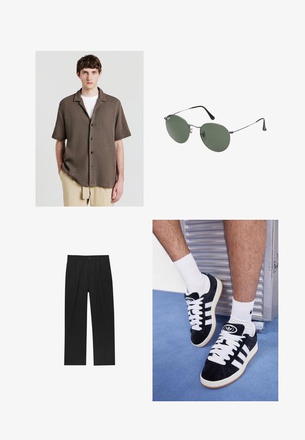 Camicetta marrone a maniche corte con texture, chiusura a bottoni, colletto classico e bottoni neri, indossata sopra una camicia bianca.; Tre canottiere in bianco, grigio e nero. Ognuna presenta un classico design senza maniche, realizzata in leggero cotone con una texture a costine.; Pantaloni neri con un design a gamba dritta, realizzati in un tessuto liscio. Presentano pieghe frontali e una chiusura a un bottone in vita.; Sneakers in suede nero con lacci bianchi e tre strisce bianche. Presentano un logo circolare nero sulla linguetta e una suola in gomma color gomma.; Occhiali da sole con montatura in metallo e lenti verdi ovali. Montatura sottile in metallo argento e terminali neri. Design minimalista, senza loghi visibili.