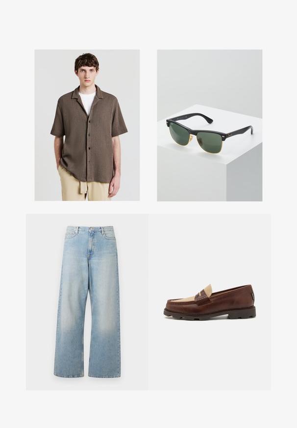 Brown short-sleeve textured shirt with a button front, a classic collar, and black buttons, worn over a white shirt.; White cotton tank top with a round neckline, wide shoulder straps, and a straight hem, featuring a smooth texture and no visible patterns.; Light blue wide-leg jeans made from denim, featuring a high waist, front pockets, and a faded wash with subtle whiskering at the thighs.; Brown leather loafers with a taupe canvas accent, stitched detail, and a textured rubber sole designed for comfort and durability.; Ray-Ban sunglasses with green lenses, black plastic frames, and gold accents at the edges. Square shape with a matte finish.