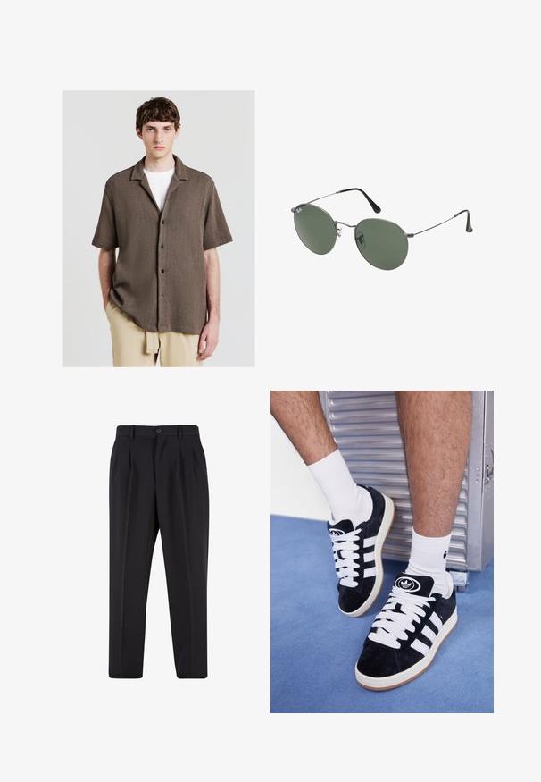 Braunes kurzärmliges, strukturiertes Hemd mit Knopfleiste, klassischem Kragen und schwarzen Knöpfen, über einem weißen Hemd getragen.; Weiße Baumwoll-T-Shirt mit kurzen Ärmeln, rundem Ausschnitt, lockerer Passform und ohne sichtbare Logos oder Muster. Glatte Textur und minimalistisches Design.; Schwarze Hose mit plissiertem Vorderdesign, aus glattem Stoff gefertigt. Mit Knopfverschluss und Gürtelschlaufen; gerade Passform.; Schwarze Wildledersneaker mit weißen Schnürsenkeln und drei weißen Streifen. Verfügt über ein kreisförmiges schwarzes Logo auf der Zunge und eine Gummisohle.; Metallgestellte Sonnenbrille mit ovalen grünen Gläsern. Dünner silberner Metallrahmen und schwarze Ohrstücke. Minimalistisches Design, keine sichtbaren Logos.