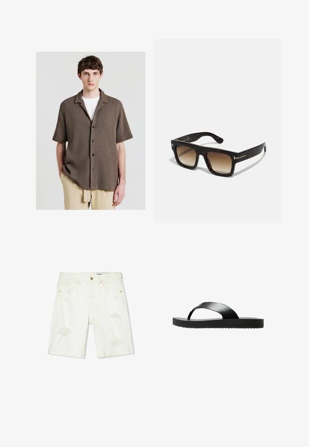 Camicetta marrone a maniche corte con texture, chiusura a bottoni, colletto classico e bottoni neri, indossata sopra una camicia bianca.; Shorts in denim bianco con vita a media altezza, dettagli strappati, cinque tasche e accessori in rame. Tessuto morbido con una vestibilità casual.; Infradito neri con suola piatta, realizzati in materiale elegante. Presentano un design minimalista con una sola fascetta e una parte inferiore testurizzata.; Occhiali da sole tartarugati con montatura quadrata, lenti marroni sfumate e sottili dettagli in oro sugli steli.
