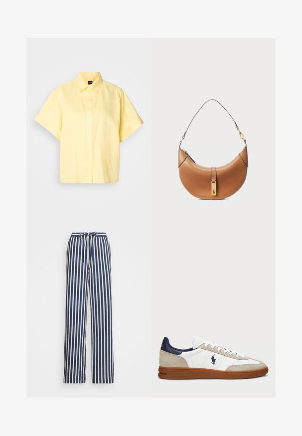Πουκάμισο κοντό μανίκι με κουμπιά σε ανοιχτό κίτρινο χρώμα, φτιαγμένο από λινό. Διαθέτει κλασικό γιακά και χαλαρή εφαρμογή με γυριστά μανίκια.; Μπλε και λευκές ρίγες φαρδιές παντελόνες φτιαγμένες από ελαφρύ ύφασμα με ελαστική μέση και ρυθμιζόμενο κορδόνι.; Λευκά και μπεζ sneakers με επάνω μέρος από suede και δέρμα, ναυτικές λεπτομέρειες και καφέ καουτσούκ σόλα. Διαθέτει λογότυπο στο πλάι και σχέδιο με κορδόνια.; Ταμπά δερμάτινη τσάντα χειρός με καμπυλωτό σχήμα, χρυσές μεταλλικές λεπτομέρειες και λεπτό λουρί. Διαθέτει φερμουάρ για κλείσιμο και λεπτομέρεια λογότυπου μπροστά.