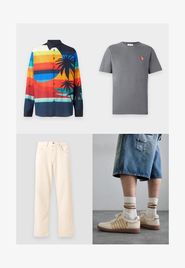 Värvikas nööbitav särk, millel on horisontaalsed triibud erinevates sinise, oranži ja rohelise toonides, mustade palmi puude graafikaga ja tumeda kraega.; Hallhallane puuvillane t-särk, millel on vasakul rinnal väike oranž rebase pea tikand. Ümar kaelus, lühikesed varrukad ja klassikaline lõige.; Heledbeez džinsid, sirge jala kujundusega, viie taskuga ja ees nupuga sulgemine. Ümber õmbluste on nähtavad õmblused.; Beežid retro tennised pruuni kummitaldaga, millel on triibulised aktsendid ja tikitud logod. Kanda valgete sokkidega, triibuline pruuni detailiga.
