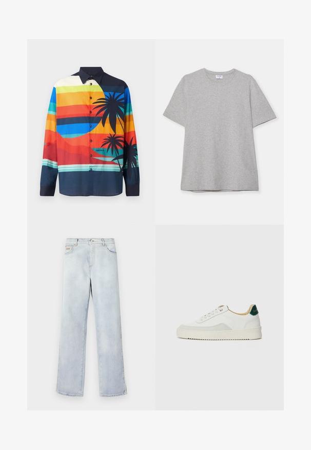 Värikäs nappikauluspaita, jossa on vaakasuoria raitoja sinisen, oranssin ja vihreän sävyissä, mustia palmupuumotiiveja sekä tumma kaulus.; Harmaa lyhythihainen T-paita, joka on valmistettu pehmeästä ja teksturoidusta kankaasta. Varustettu klassisella pyöreällä pääntiellä ja suoraselkäisellä helman kanssa, sopii rentoon pukeutumiseen.; Vaaleansiniset farkut suoran lahkeen muotoilulla, joissa on napitus, viisi taskua ja kontrastiväriset ompeleet.; Valkoiset tennarit, joissa on nahkaosia, pyöreä kärki, tasaiset nauhat ja kermaisa kumi-pohja. Takana vihreä brändäys.