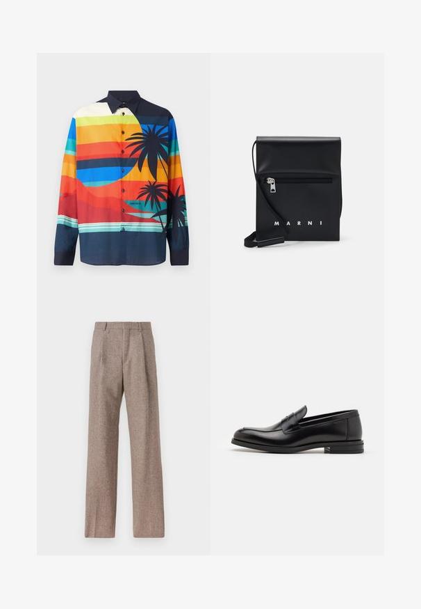 Barevná košile s knoflíky s horizontálními pruhy v odstínech modré, oranžové a zelené, s černými grafickými motivy palmových stromů a tmavým límcem.; Černé bavlněné tričko s krátkým rukávem, na kterém je modrý text "CHRÁNĚTE SVOU ENERGII" a grafický design na horní levé straně.; Hnědé kalhoty s vysokým pasem vyrobené z texturované látky. Mají široké nohavice a dva přední sklady pro strukturu. Úhledné provedení bez viditelné kovových částí.; Černé kožené polobotky s hladkou texturou, zaoblenou špičkou a zdobným páskem přes nárt. Nízký stohovaný podpatek, minimalistický design.; Černá kožená kabelka přes rameno s přední zipovou kapsou, embosovaným logem a nastavitelným popruhem. Hladký povrch s pevnou strukturou.