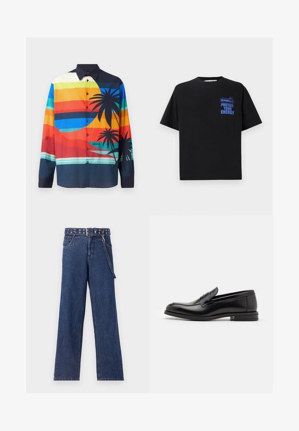Kleurrijk overhemdo met horizontale strepen in tinten blauw, oranje en groen, met zwarte palmbomen en een donkere kraag.; Zwarte katoenen t-shirt met korte mouwen, met blauwe tekst "BESCHERM JE ENERGIE" en een grafisch ontwerp op de bovenste linkerkant.; Donkerblauwe denim broek met een recht model, voorzien van een patroonriem met metalen oogjes en een bijpassende riemlus.; Zwarte leren instappers met een gladde textuur, ronde neus en een decoratieve band over de wreef. Lage, gestapelde hak en minimalistisch ontwerp.