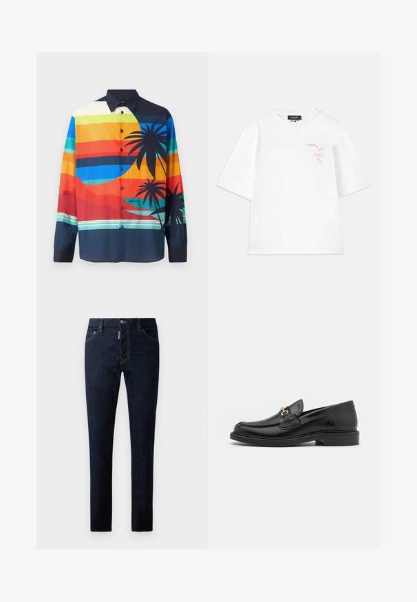 Värikäs nappikauluspaita, jossa on vaakasuoria raitoja sinisen, oranssin ja vihreän sävyissä, mustia palmupuumotiiveja sekä tumma kaulus.; Dsquared2 LOOSE FIT TEE - Printtipaita - white; Tummansiniset farkut, joissa on slim fit -leikkaus, näkyvät tikkaukset, napitus sekä viisi taskua. Sileä pinta ja kestävä kangas.; Musta nahkainen loafers-tyylinen kengät, joissa on pyöreä kärki, kultaiset yksityiskohdat ja ompelutiedot, asetettu matalalle, teksturoidulle kumipohjalle.