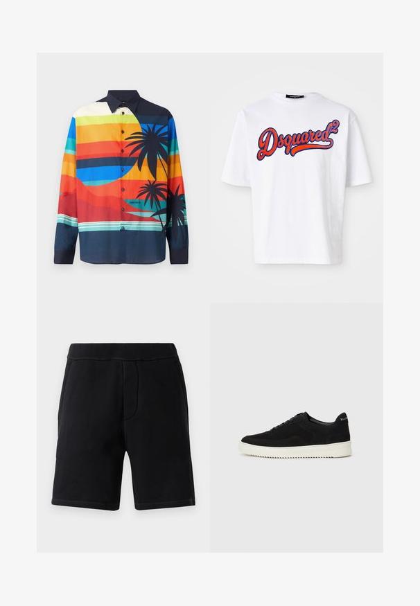 Kleurrijk overhemdo met horizontale strepen in tinten blauw, oranje en groen, met zwarte palmbomen en een donkere kraag.; Witte katoenen t-shirt met een ronde hals, met een opvallend geborduurd "Dsquared²" logo in blauw en rood op de voorkant. Korte mouwen.; Zwarte sportshorts van zacht materiaal; voorzien van een elastische tailleband, twee zijzakken en contrasterende stiksels.; Zwarte suède sneakers met vetersluiting en contrasterende witte rubberen zool. Voorzien van textuurpanelen aan de zijkanten en subtiele branding op de hiel.