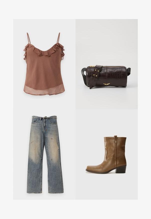 Haut sans manches marron en tissu léger avec une finition texturée, comportant des accents froncés le long de l'encolure et des bretelles.; Jean en denim bleu clair avec une coupe ample et droite. Caractéristiques de décoloration, d'effilochage et de détails usés près des genoux. Style classique à cinq poches.; Bottine en cuir marron avec un orteil carré, une finition texturée et un petit talon empilé. Présente une languette à l'arrière et des détails de couture subtils.; Sac en cuir embossé crocodile marron avec une forme cylindrique, quincaillerie dorée et une bandoulière détachable ornée de clous.