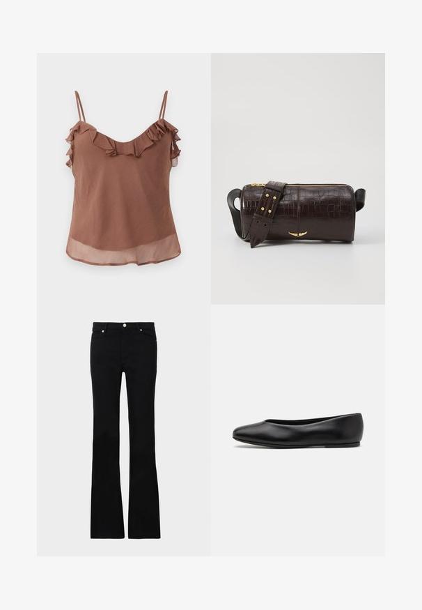 Brun ärmlös topp gjord av lätt tyg med en texturerad yta, med volangdetaljer längs halsringningen och axelbanden.; Svarta utsvängda jeans i denim, med två framfickor, knäppning och en slät textur. Signaturstickning synlig vid sömmarna.; Paul Smith TOPANGA - Ballerinaskor - black; Brun kroko präglat läderväska med cylindrisk form, guldfärgad hårdvara och ett avtagbart band med nitar.