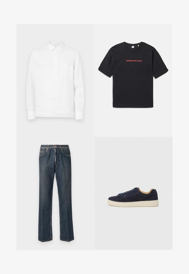 Witte lange mouwen linnen shirt met een knoopsluiting en een borstzak, met een gladde textuur en klassieke kraagontwerp.; Zwarte katoenen t-shirt met korte mouwen, met rode tekst "HUNTING FOR LOVE" geborduurd over de borst. Eenvoudige en relaxte pasvorm.; Donkerblauwe rechte spijkerbroek met een knoopsluiting aan de voorkant, rits, dubbele voorzakken en zichtbare verticale plooien langs de benen.; Marine blauwe suedekleurige low-top sneaker met ronde neus, off-white rubberen zool en bijpassende veters; heeft een contrasterende tan interieur voering.
